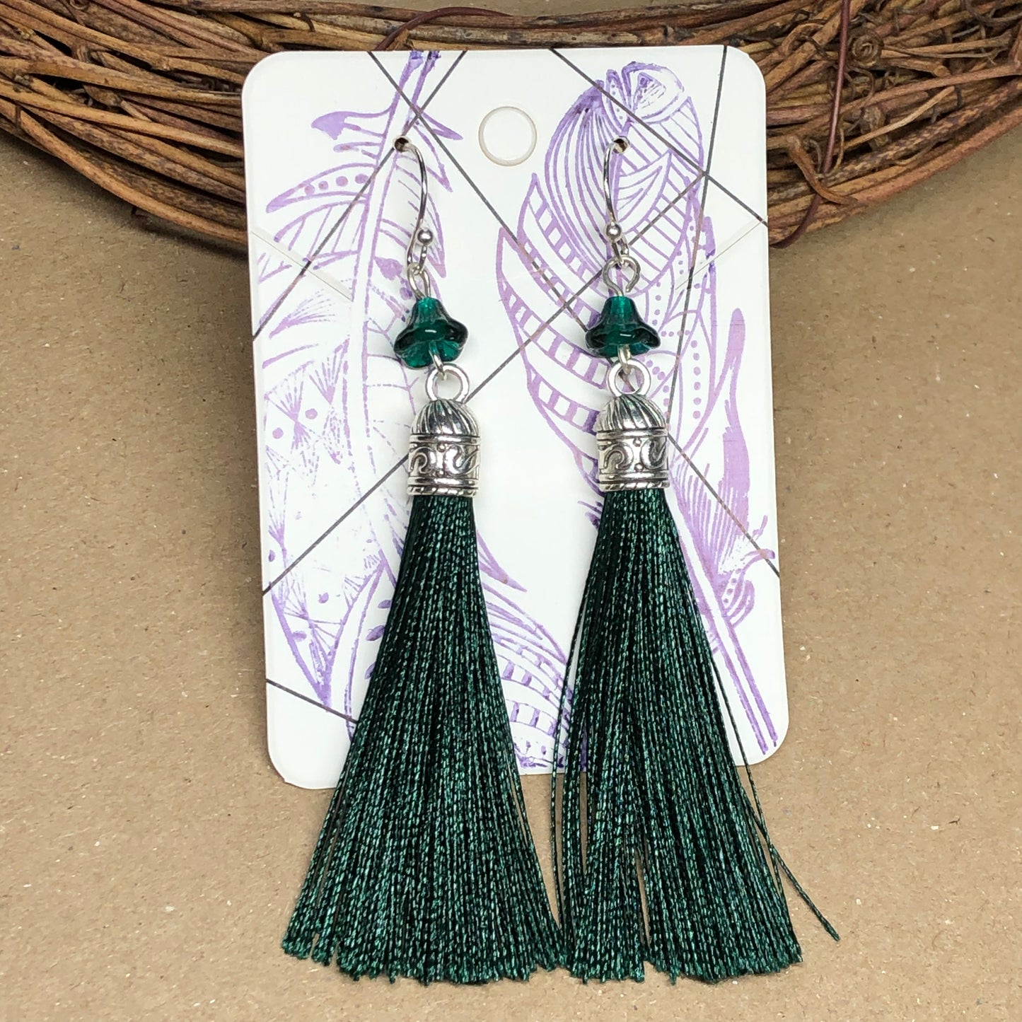 Forest tassel earrings with glass flowers