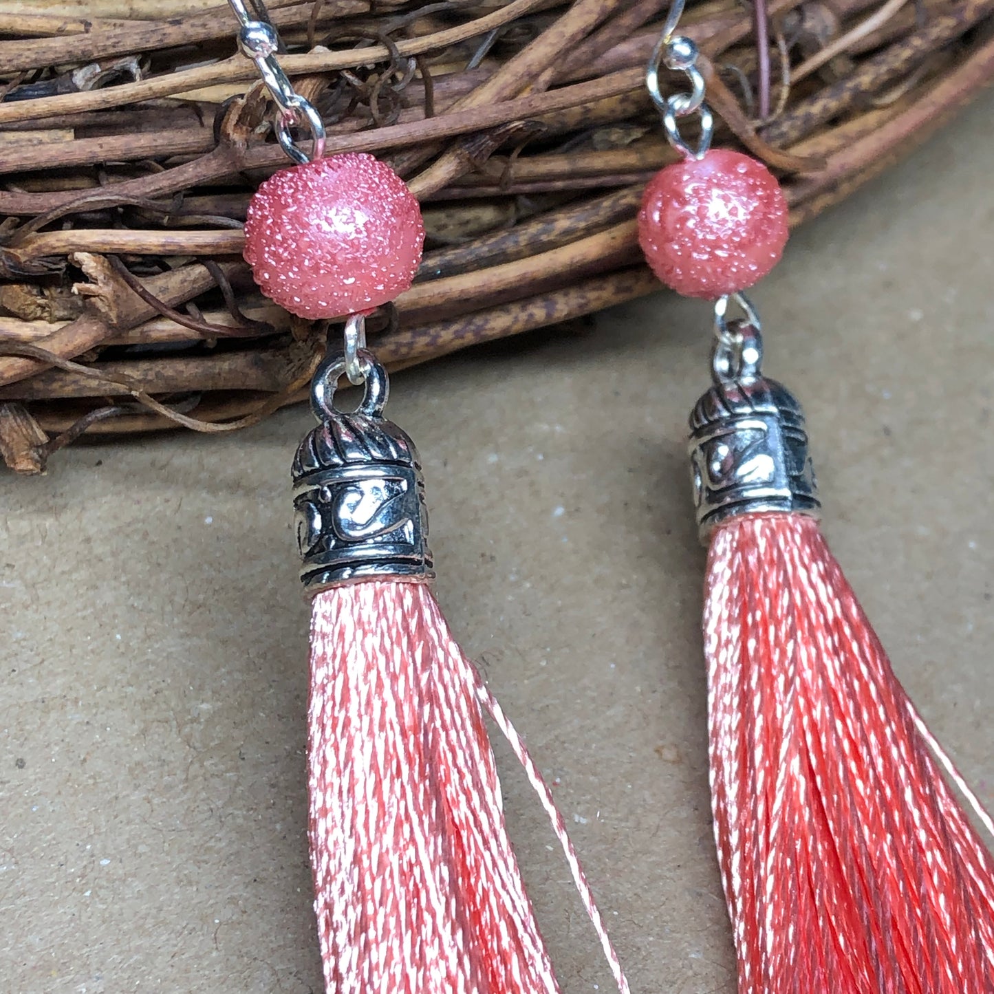 Coral tassel earrings with dewy beads