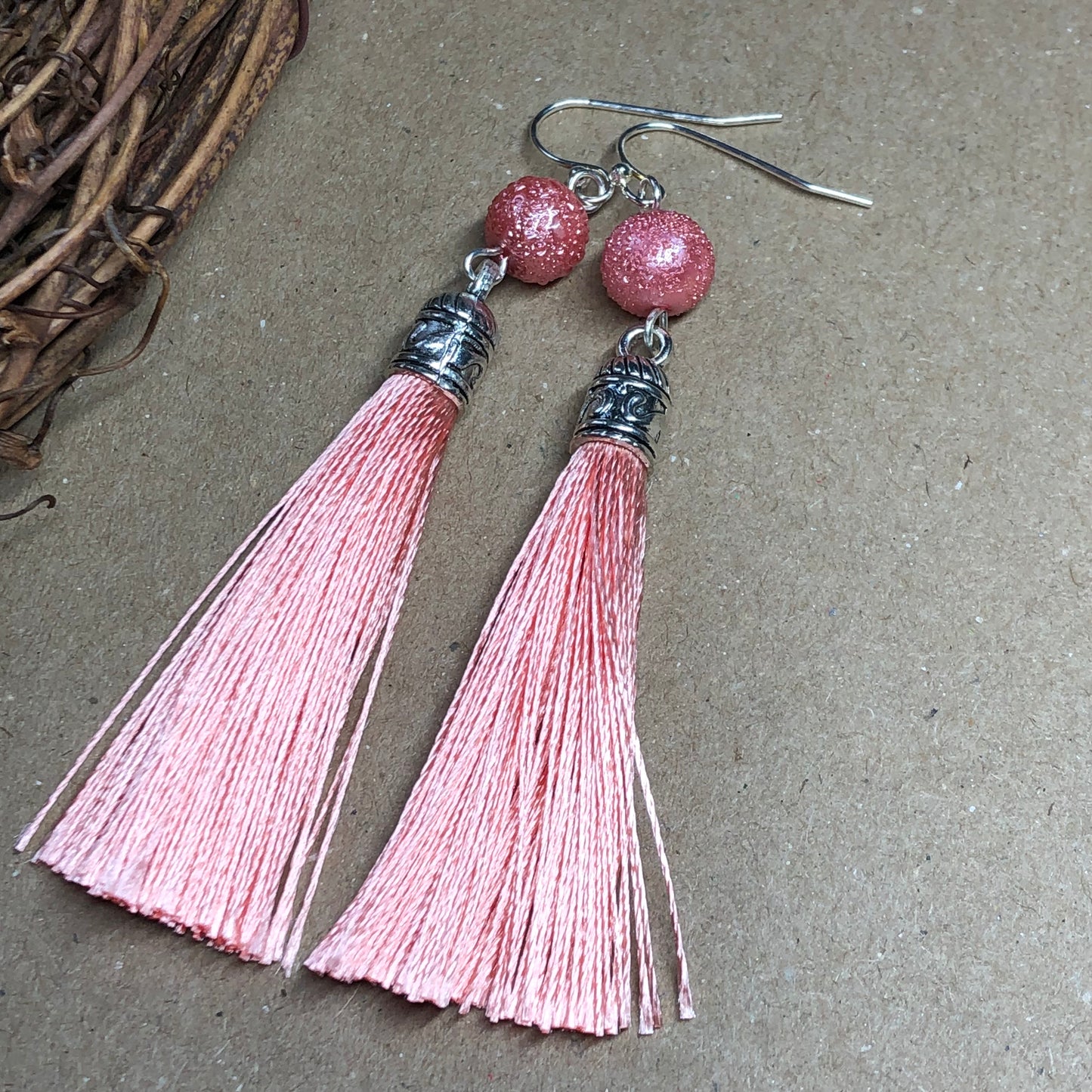 Coral tassel earrings with dewy beads