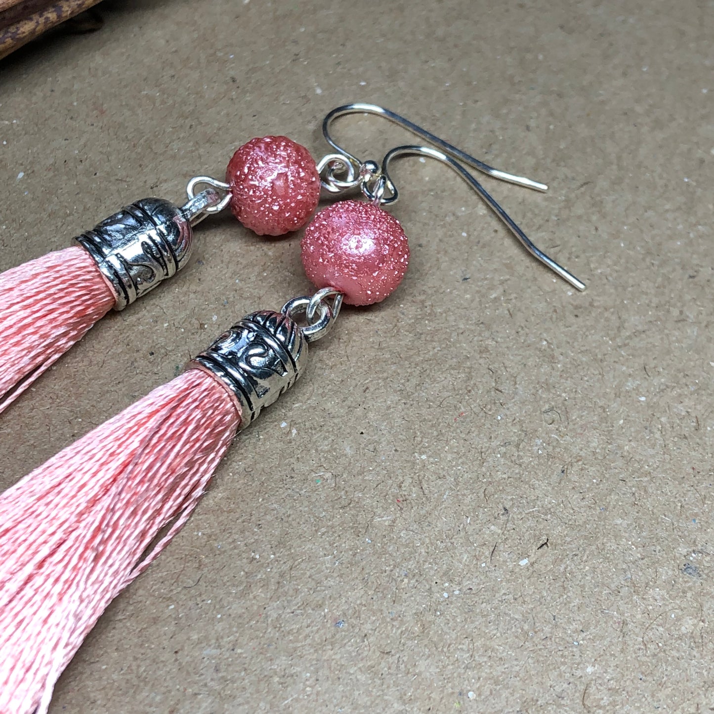 Coral tassel earrings with dewy beads