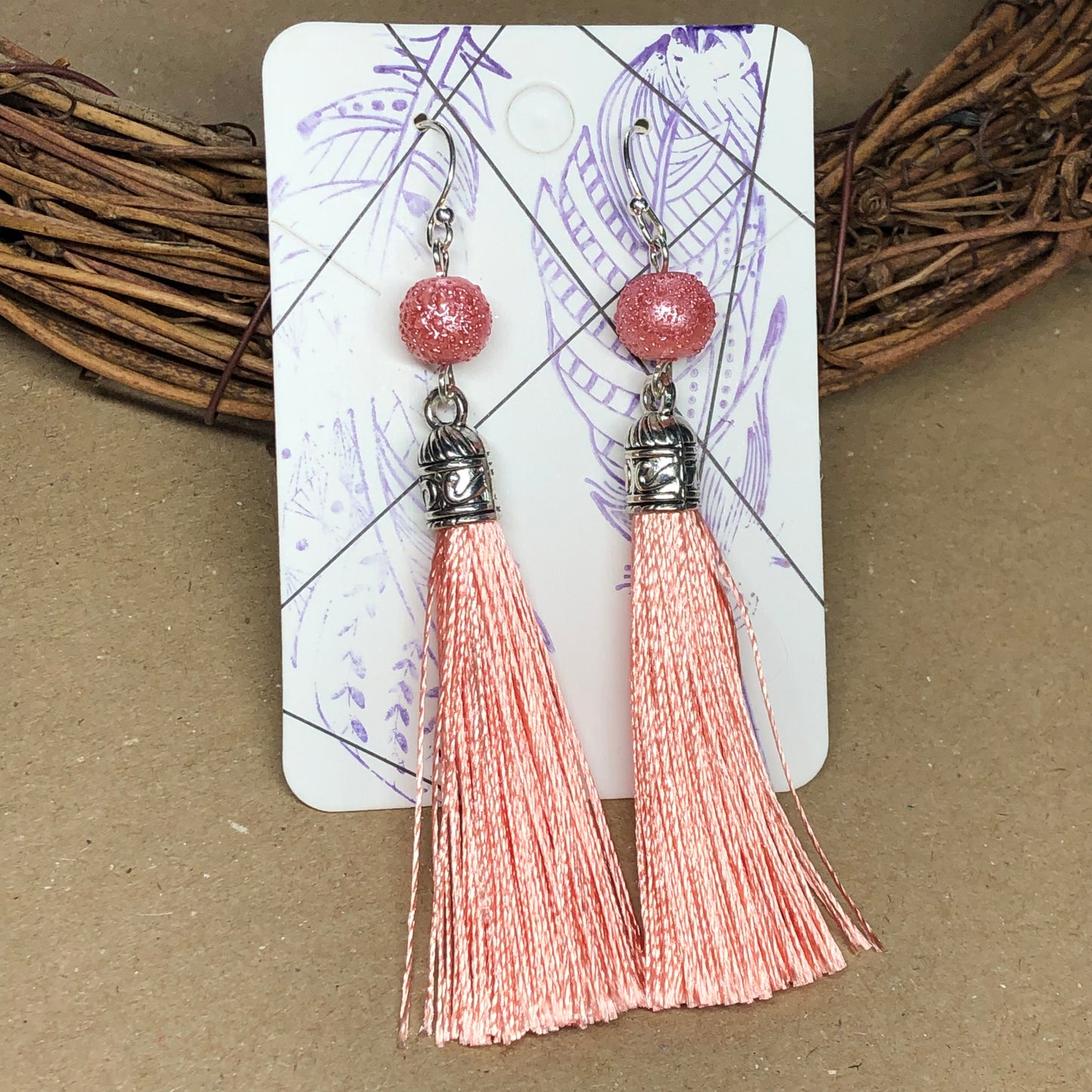 Coral tassel earrings with dewy beads