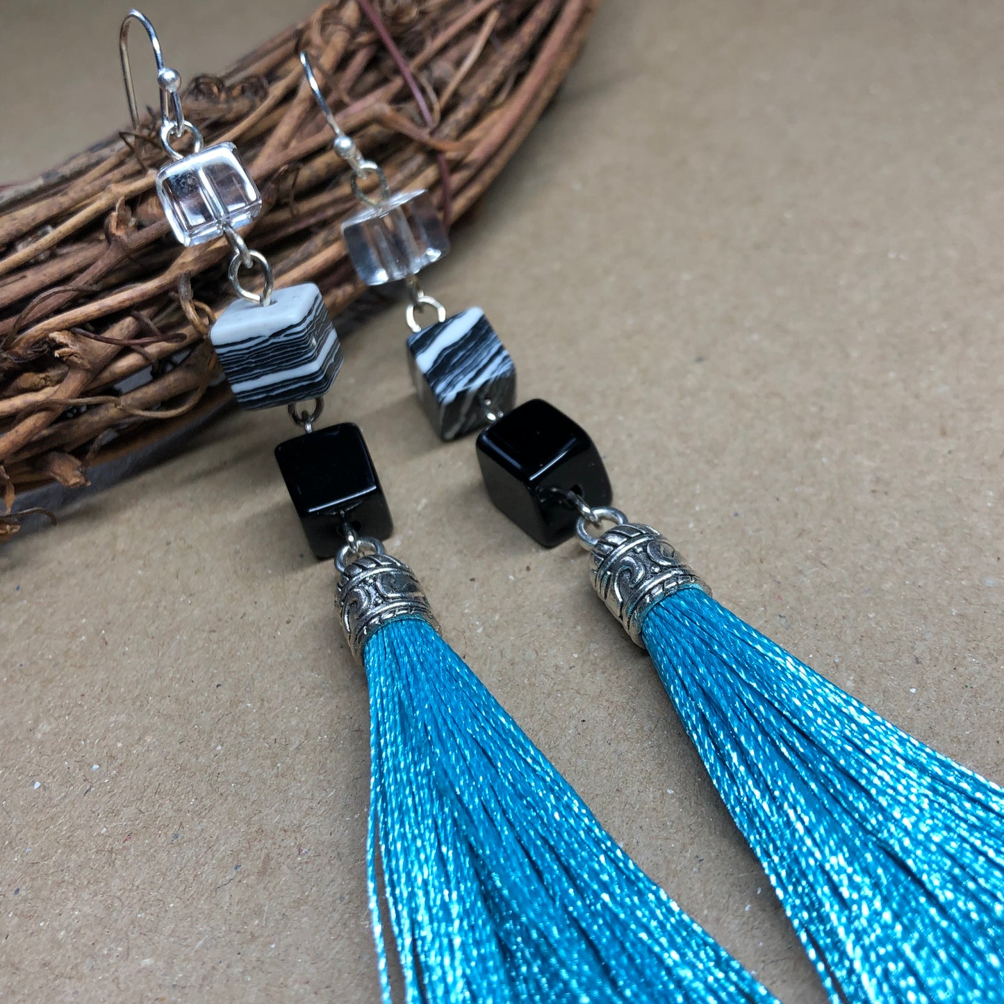 Turquoise tassel earrings with glass cubes