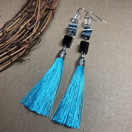 Turquoise tassel earrings with glass cubes