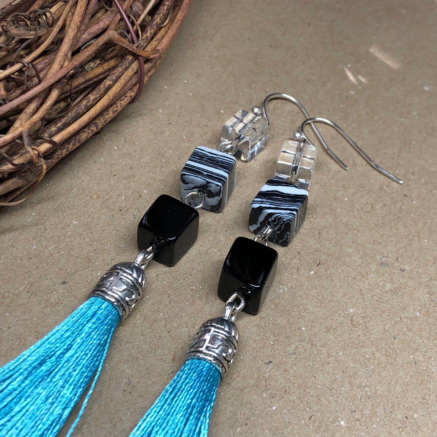 Turquoise tassel earrings with glass cubes