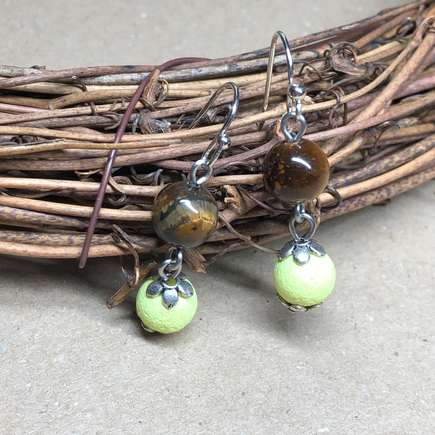 Yellow lava stone Tigers Eye earrings