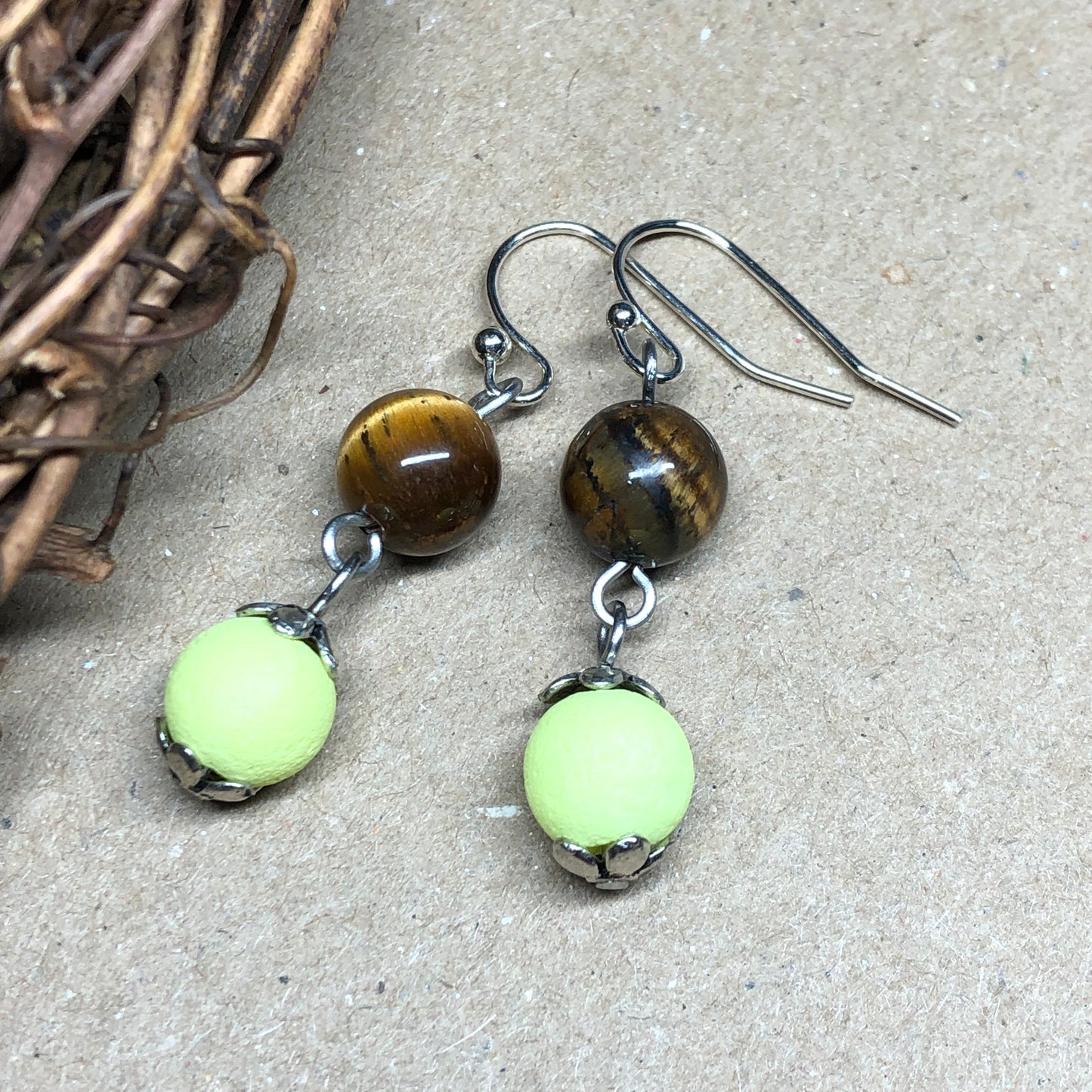 Yellow lava stone Tigers Eye earrings