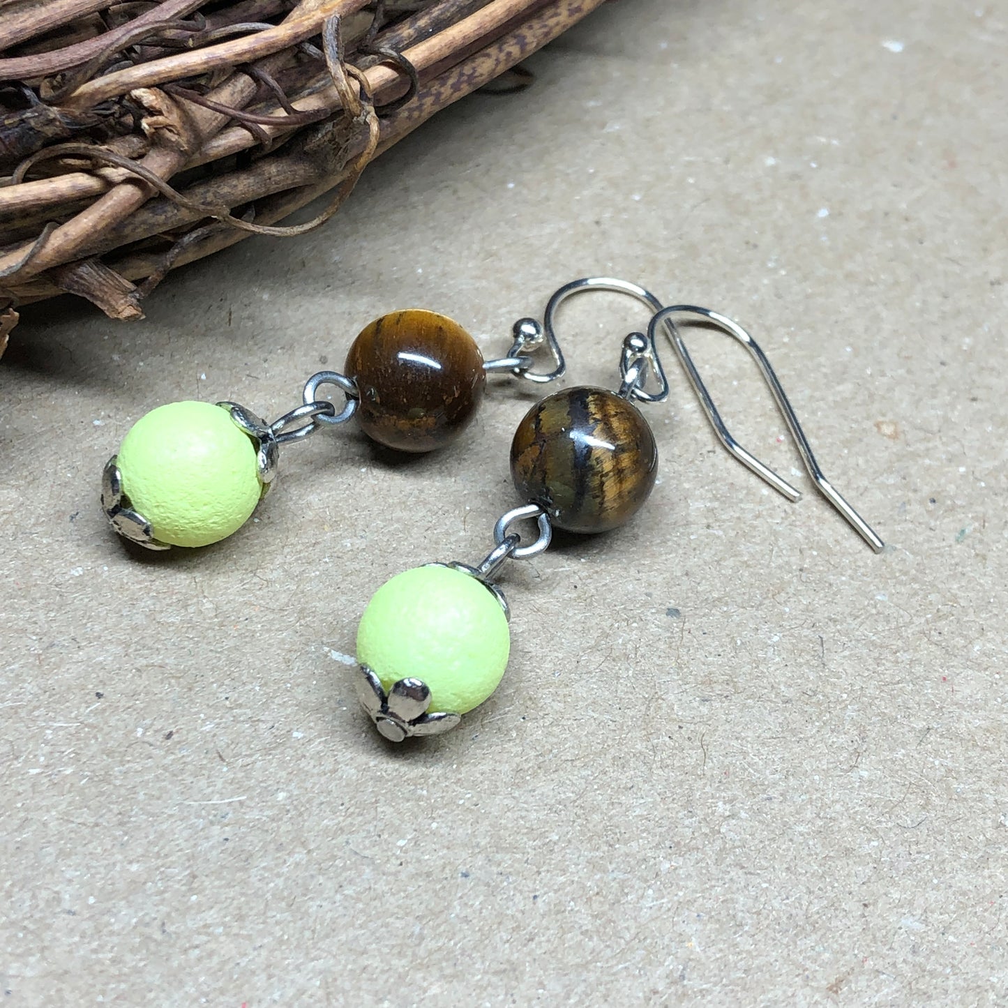 Yellow lava stone Tigers Eye earrings