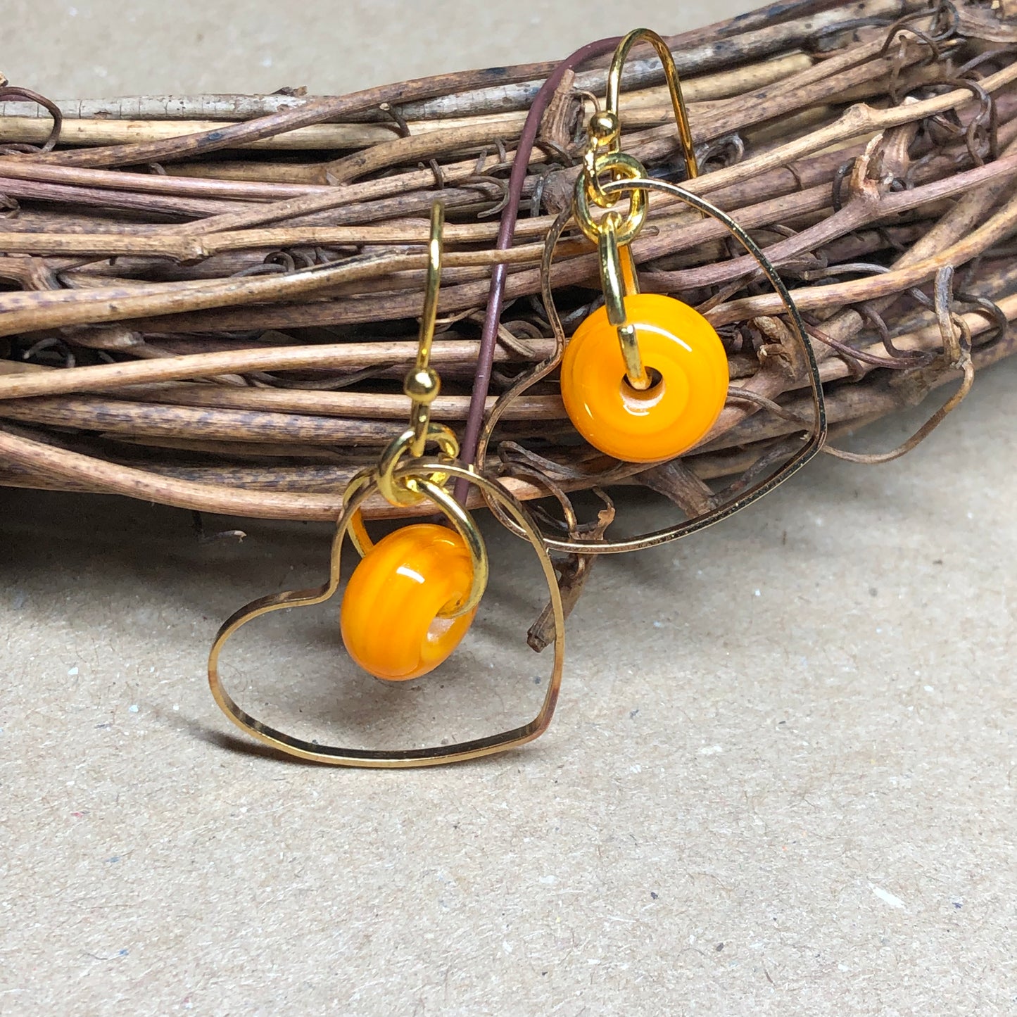 Sunkissed tangerine glass heart hoop earrings