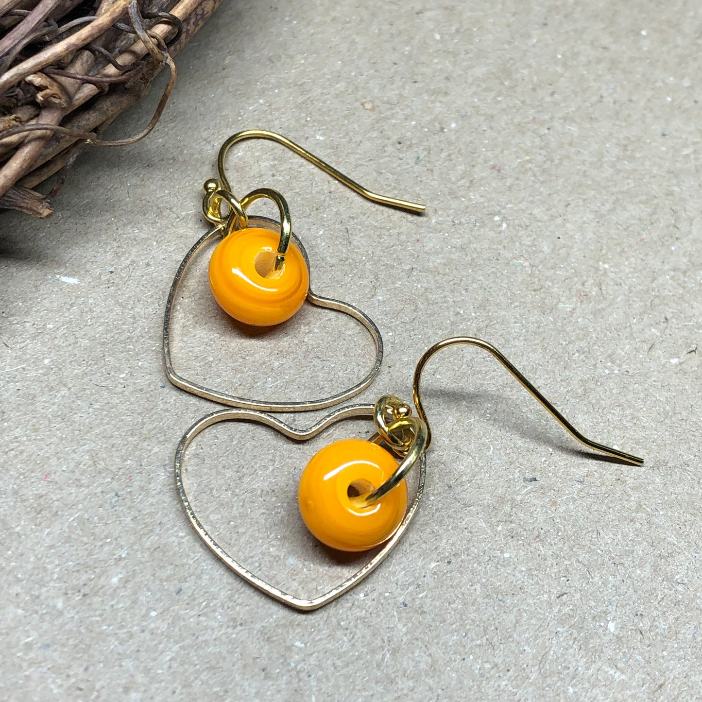 Sunkissed tangerine glass heart hoop earrings