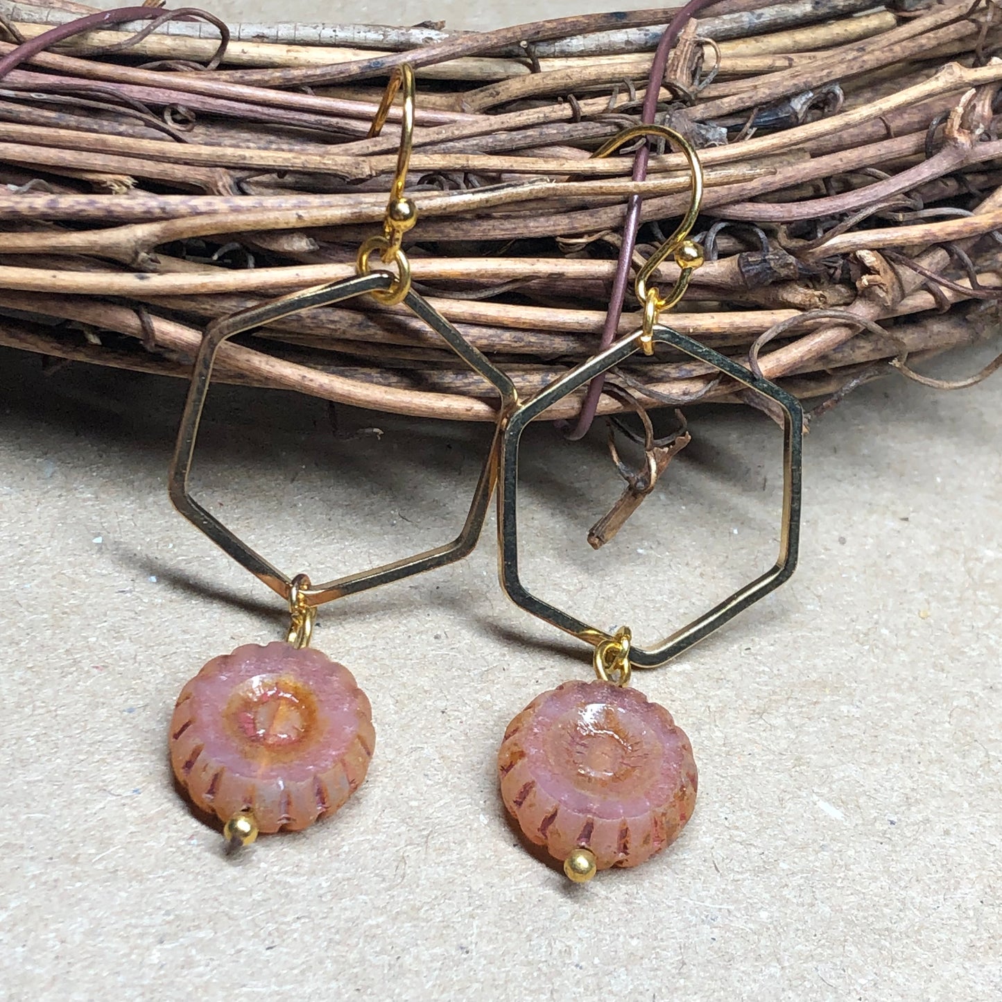 Sun dappled peach hexagon hoop earrings