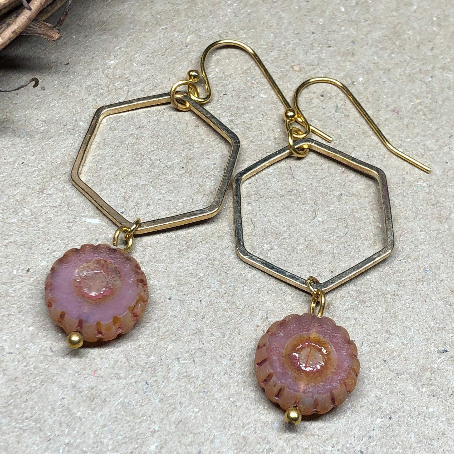 Sun dappled peach hexagon hoop earrings