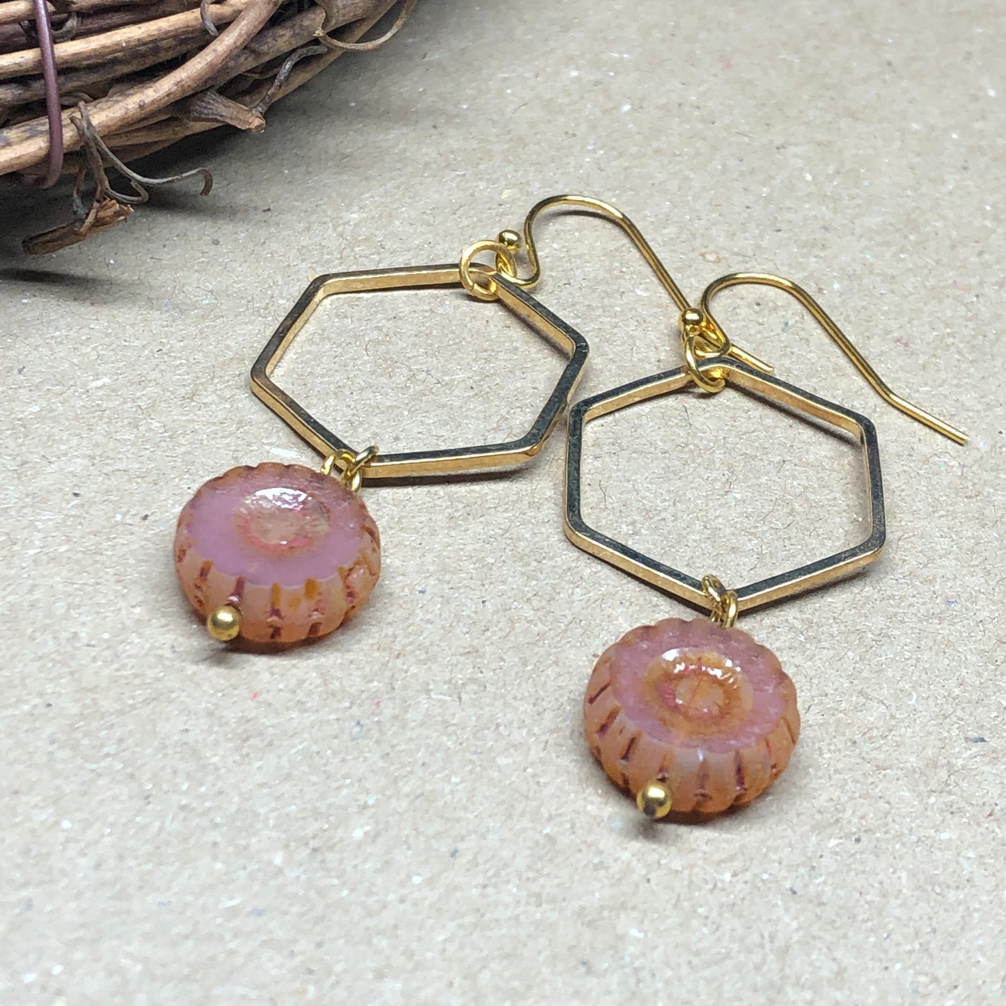 Sun dappled peach hexagon hoop earrings