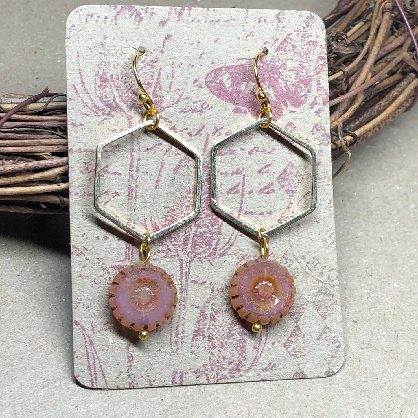 Sun dappled peach hexagon hoop earrings