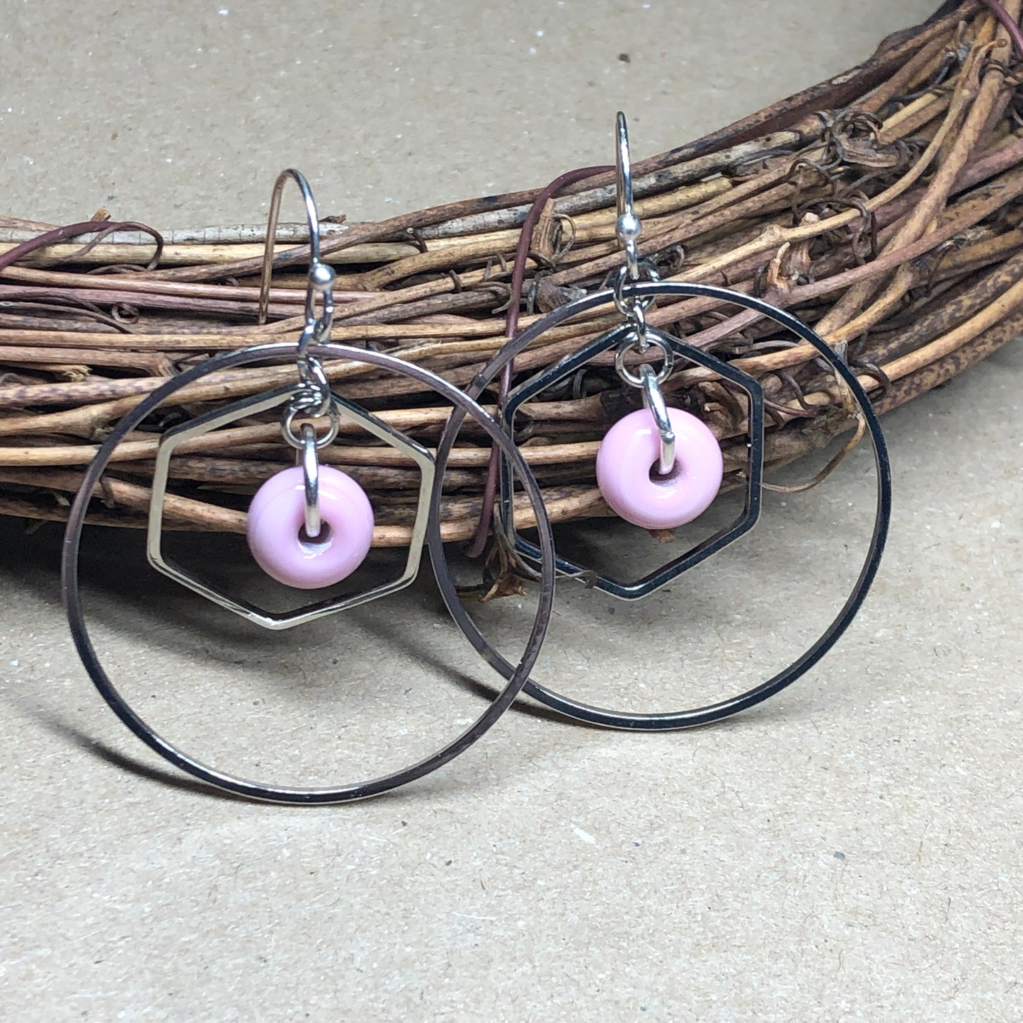 Pink glass and silver hexagon hoop earrings