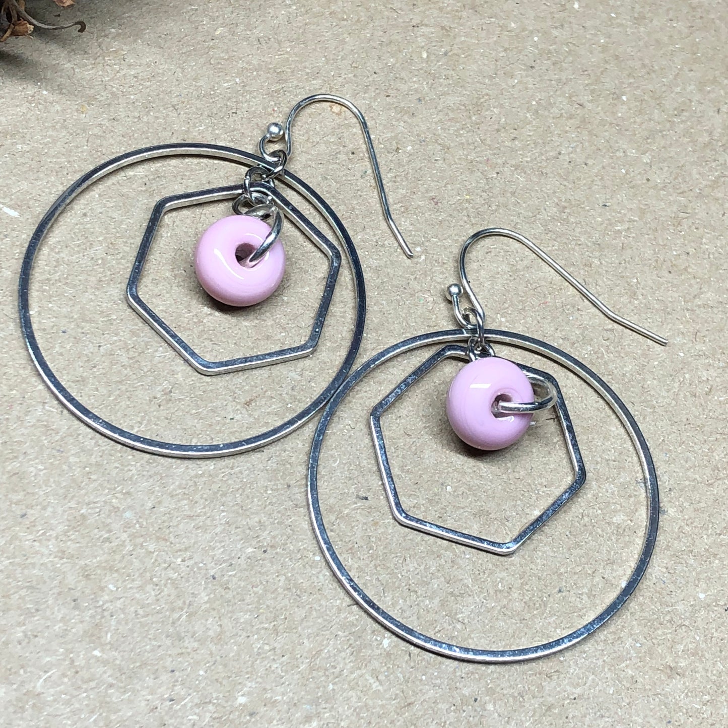 Pink glass and silver hexagon hoop earrings