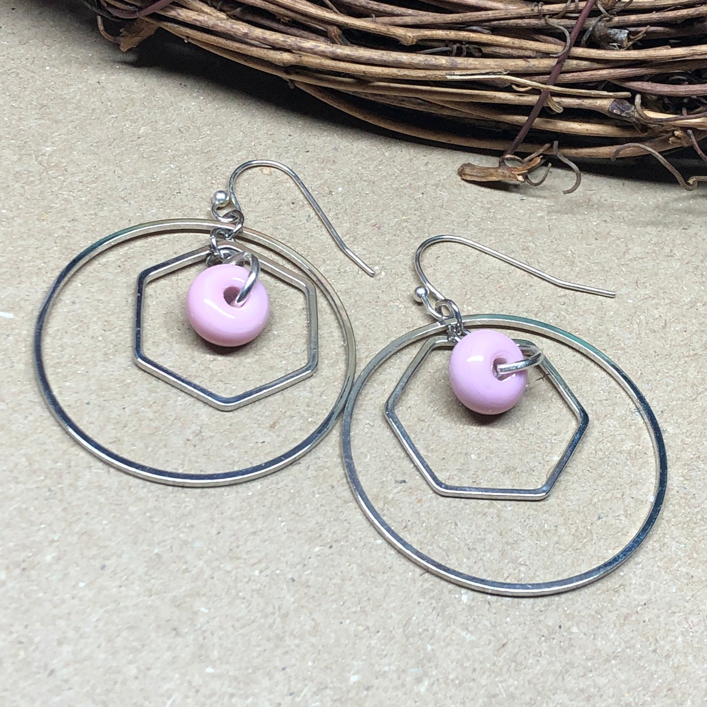 Pink glass and silver hexagon hoop earrings