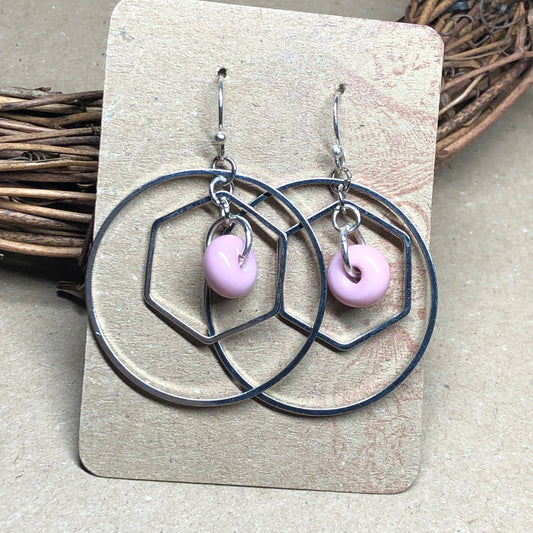 Pink glass and silver hexagon hoop earrings