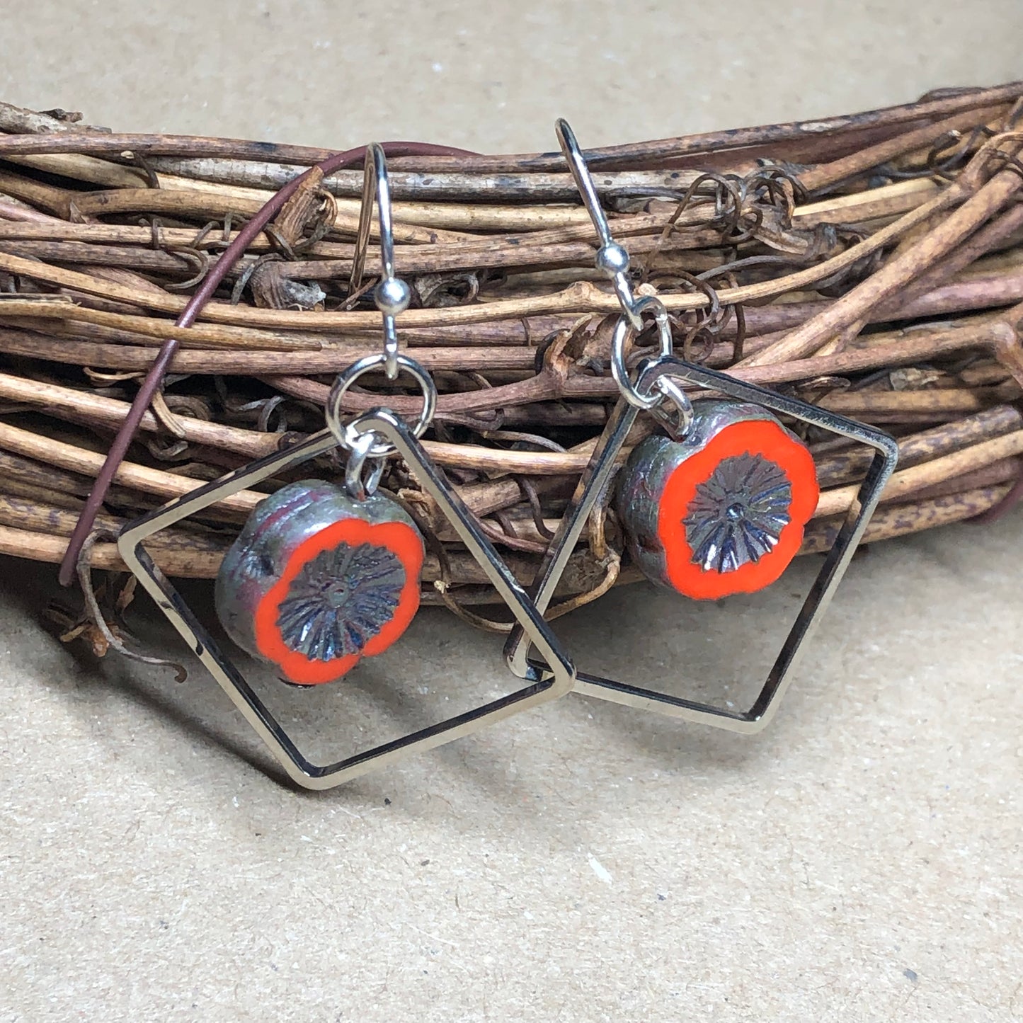 Orange red glass diamond earrings