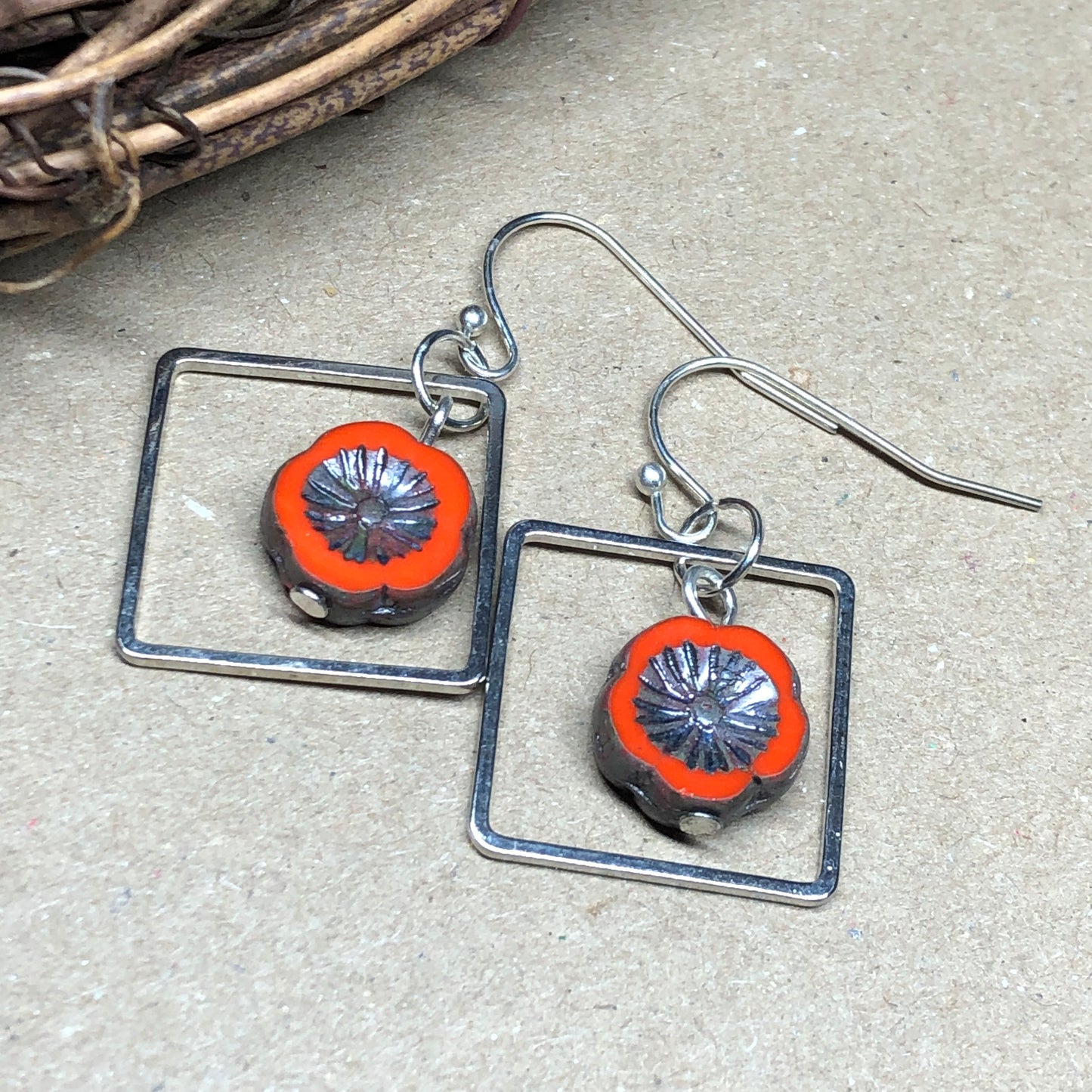 Orange red glass diamond earrings