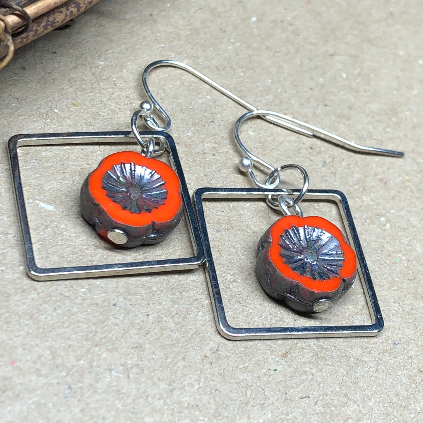 Orange red glass diamond earrings