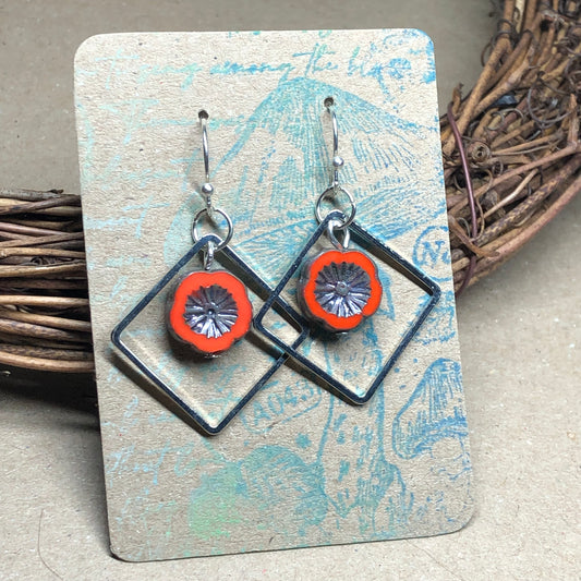 Orange red glass diamond earrings