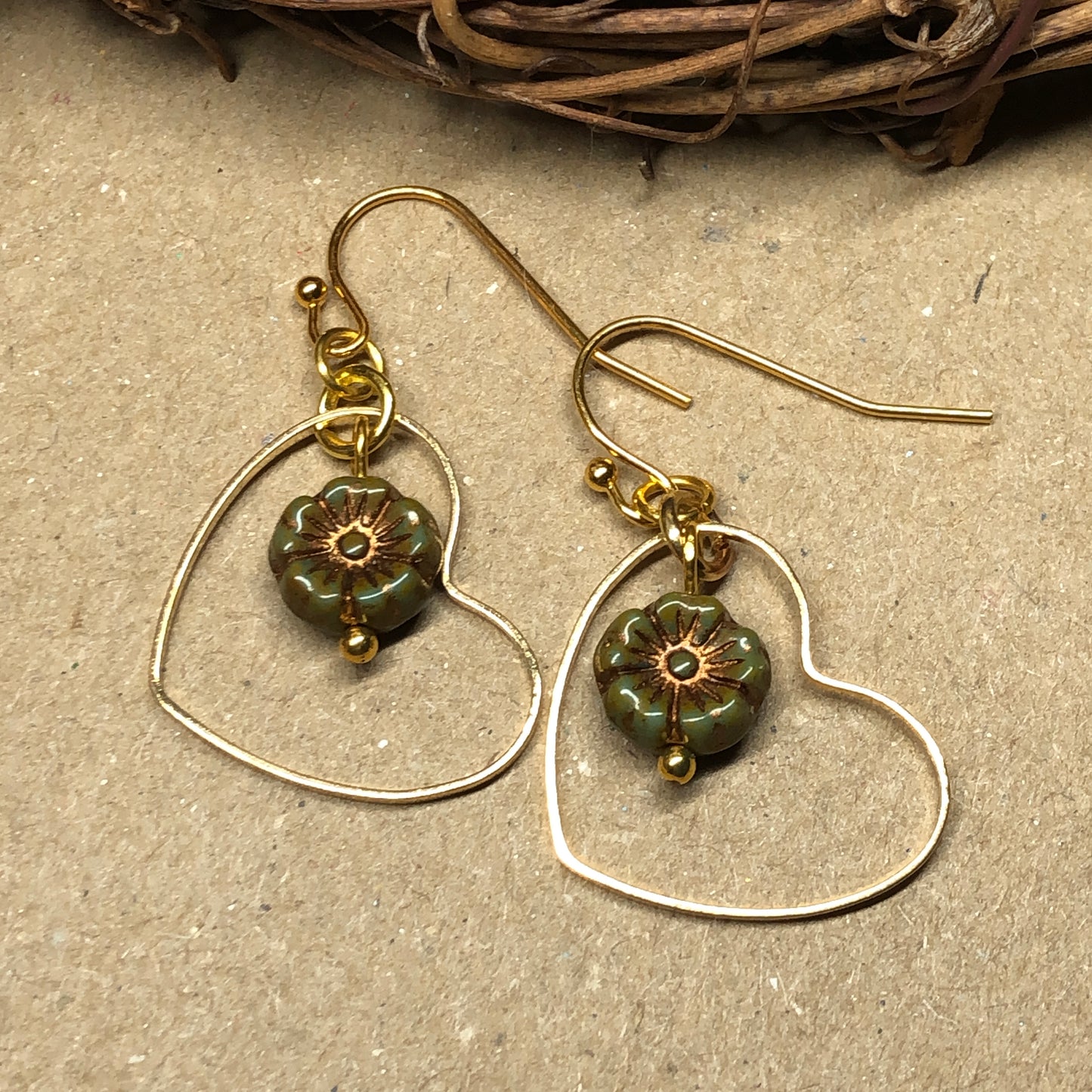 Gold heart hoop flower earrings