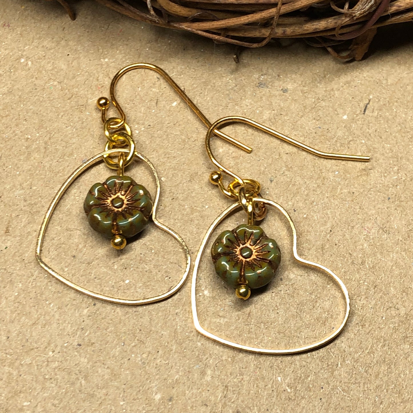 Gold heart hoop flower earrings