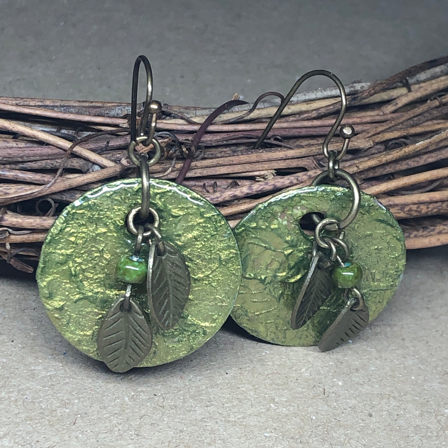 Green lightweight aluminium disc earrings