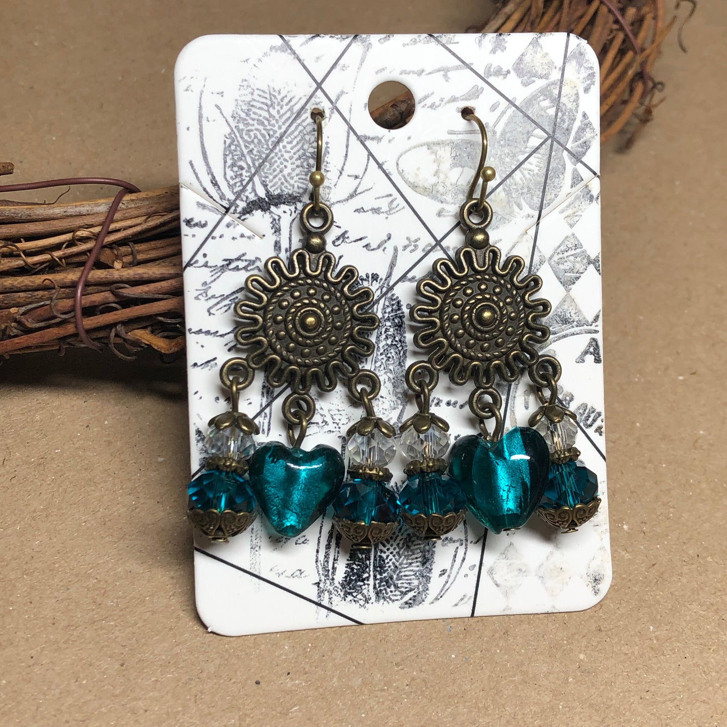 Teal Murano heart and crystal earrings