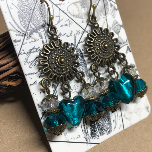 Teal Murano heart and crystal earrings