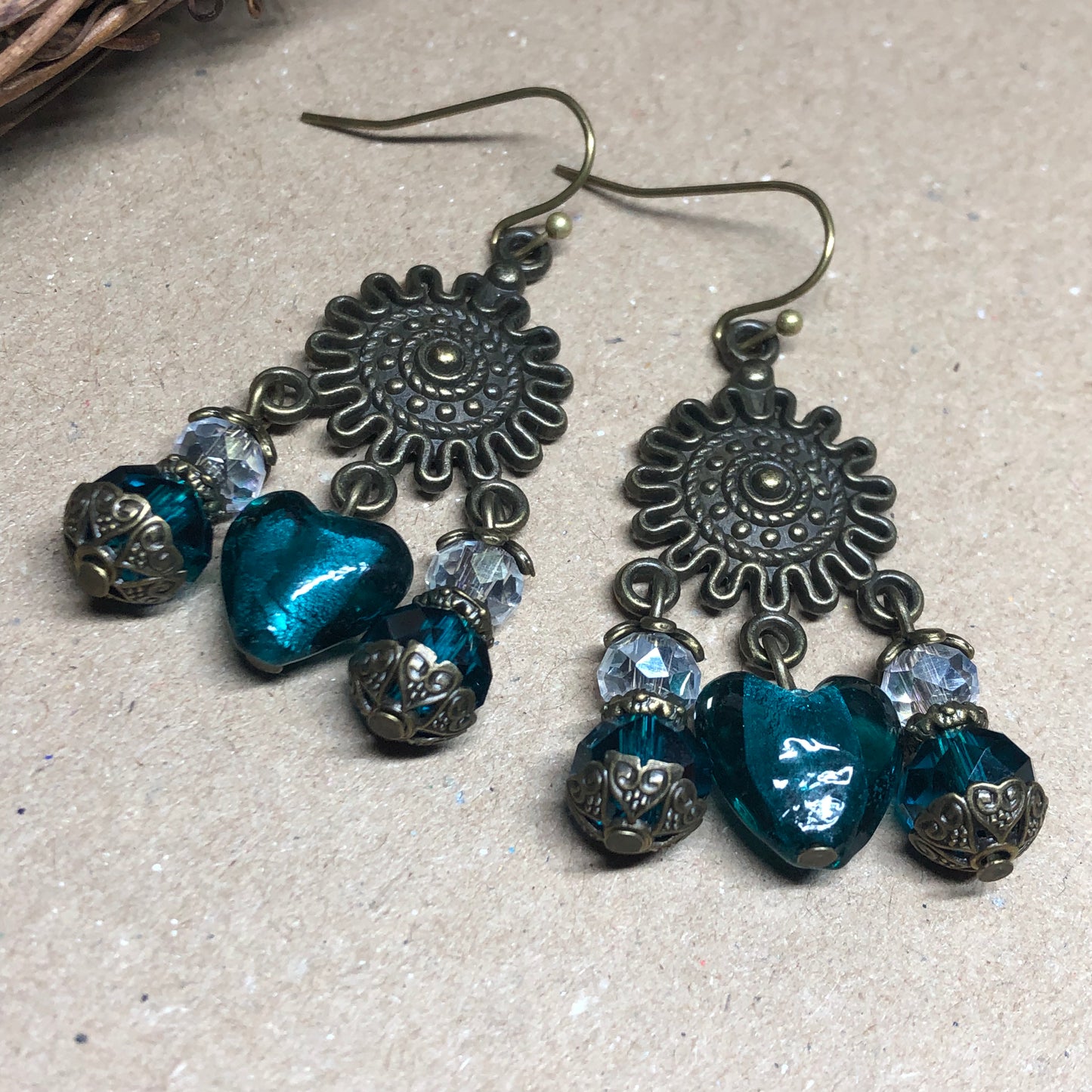 Teal Murano heart and crystal earrings