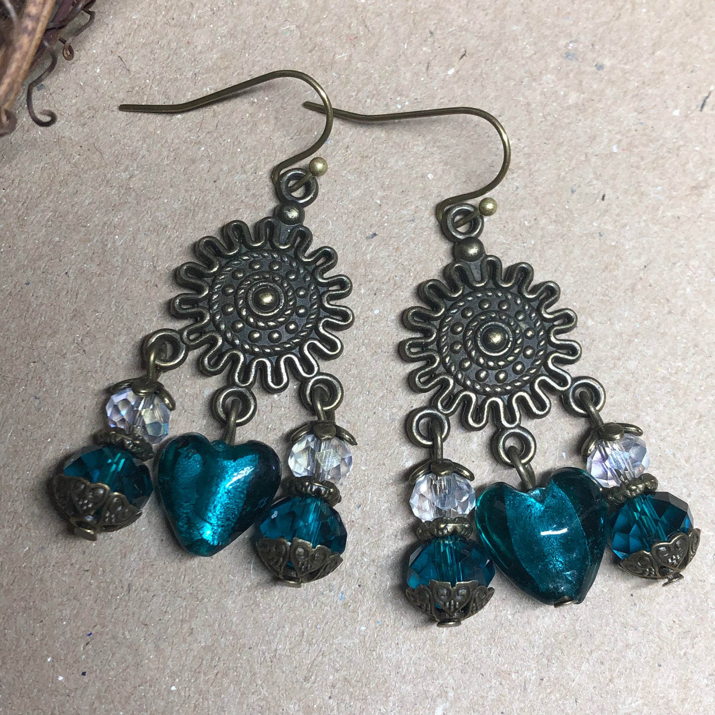 Teal Murano heart and crystal earrings