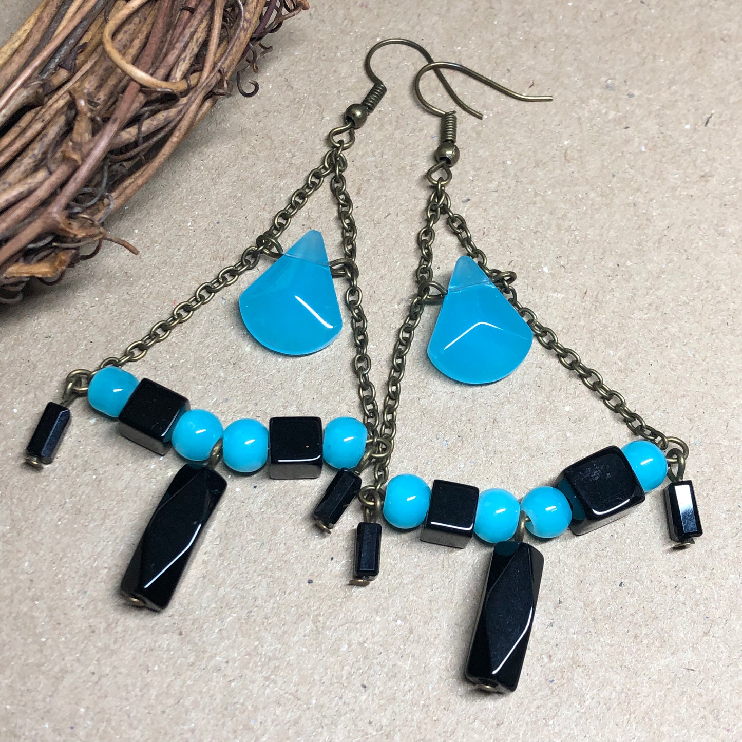 Long blue and black chandelier earrings