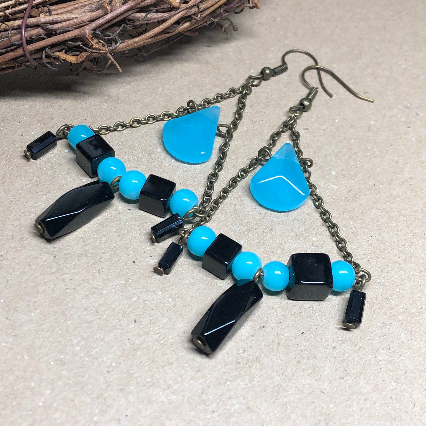 Long blue and black chandelier earrings