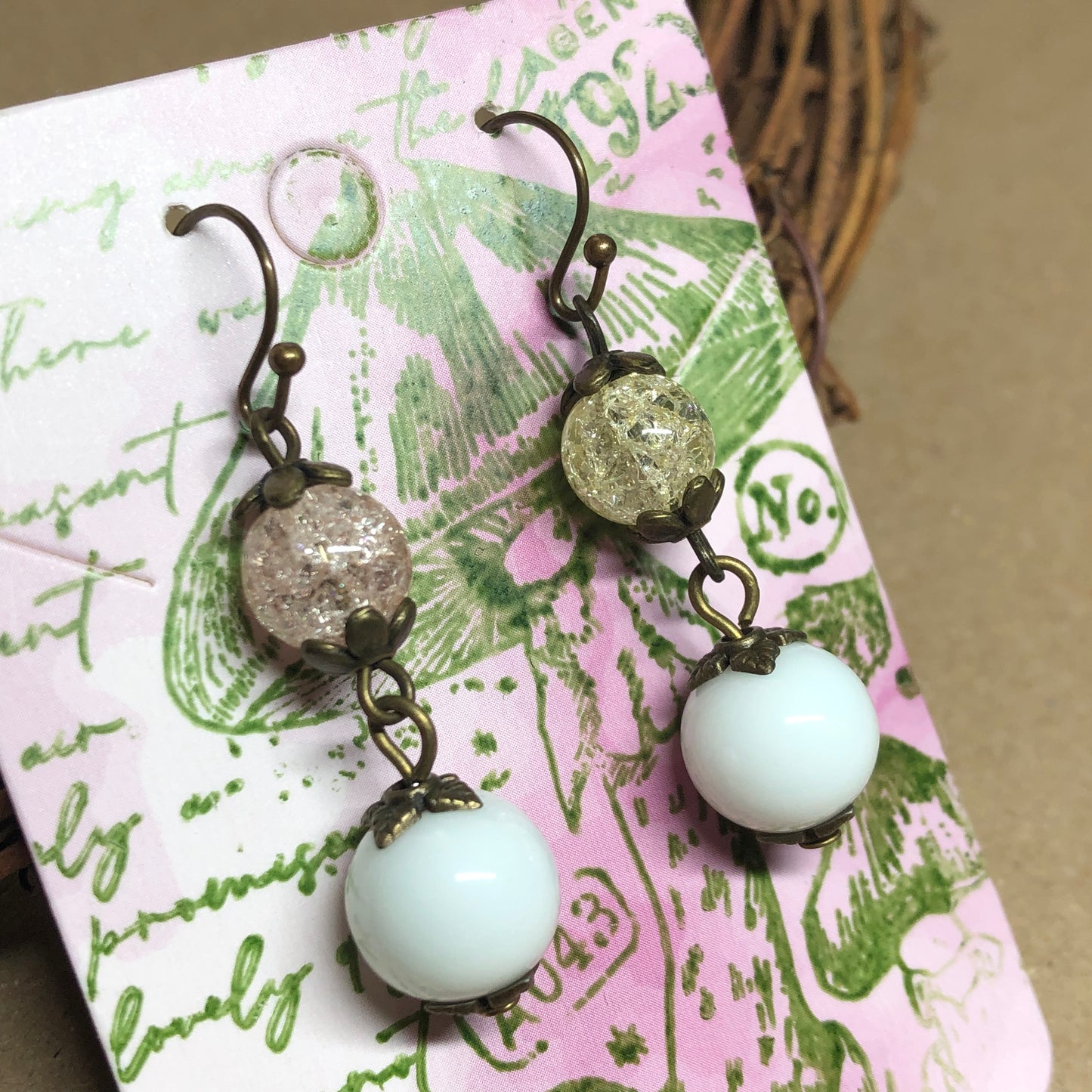 Pastel crackle white glass earrings