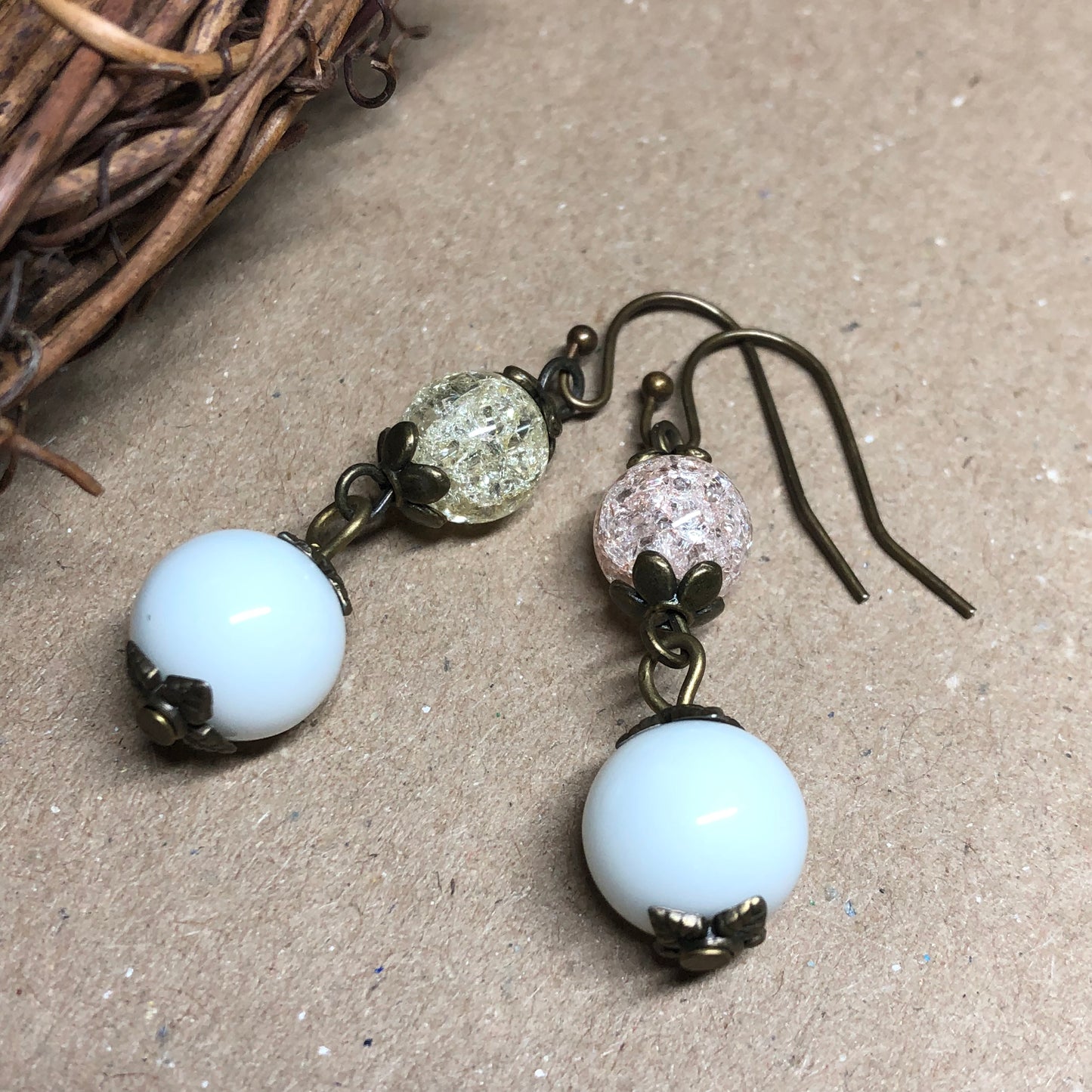 Pastel crackle white glass earrings