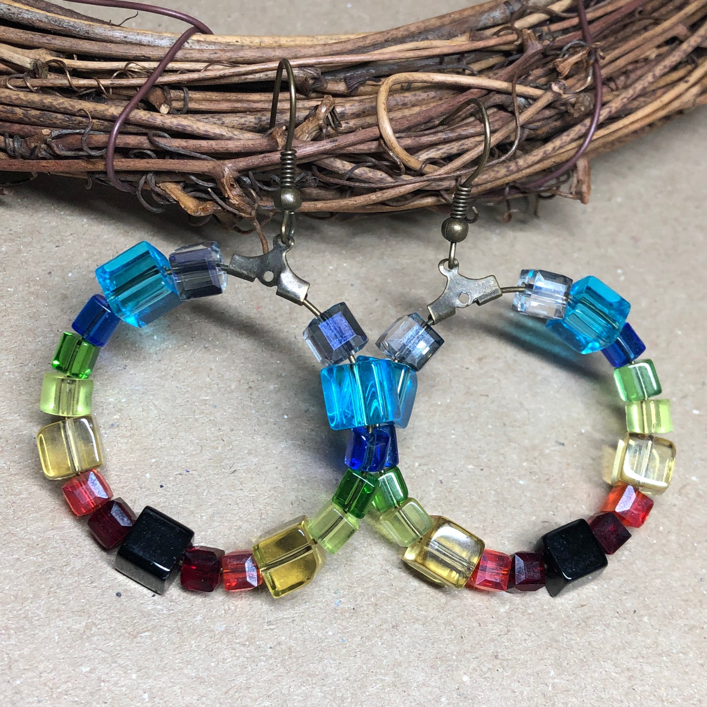 Rainbow hoop bronze earrings