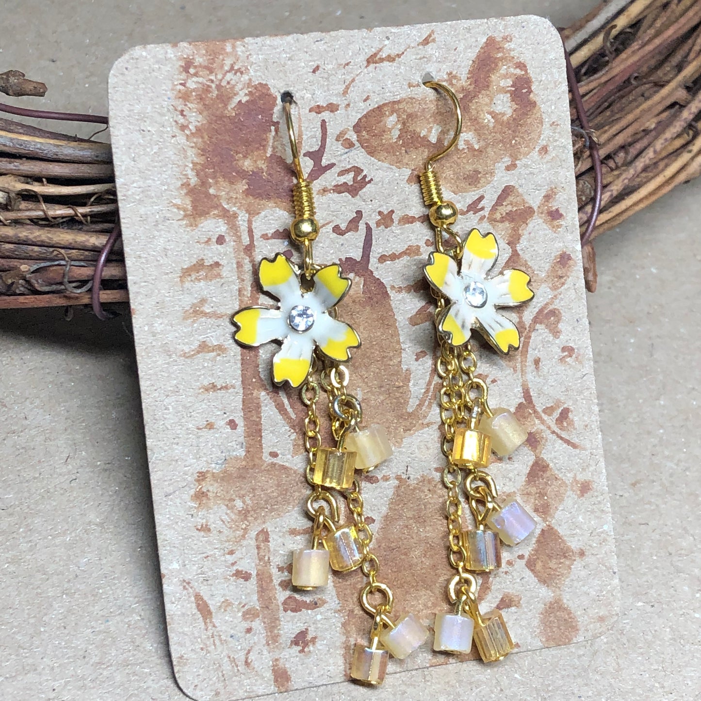 Yellow flower crystal cube dangle earrings