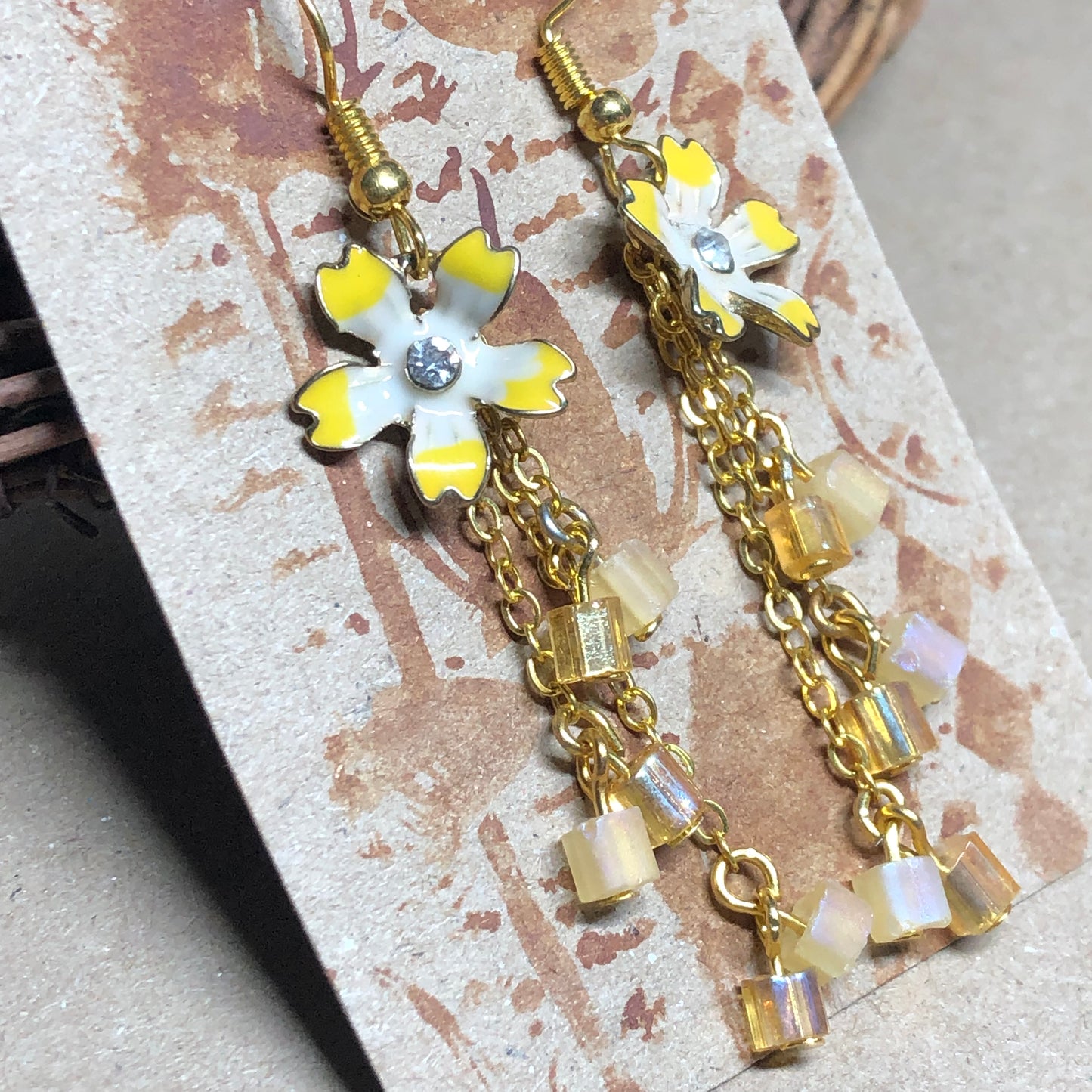 Yellow flower crystal cube dangle earrings