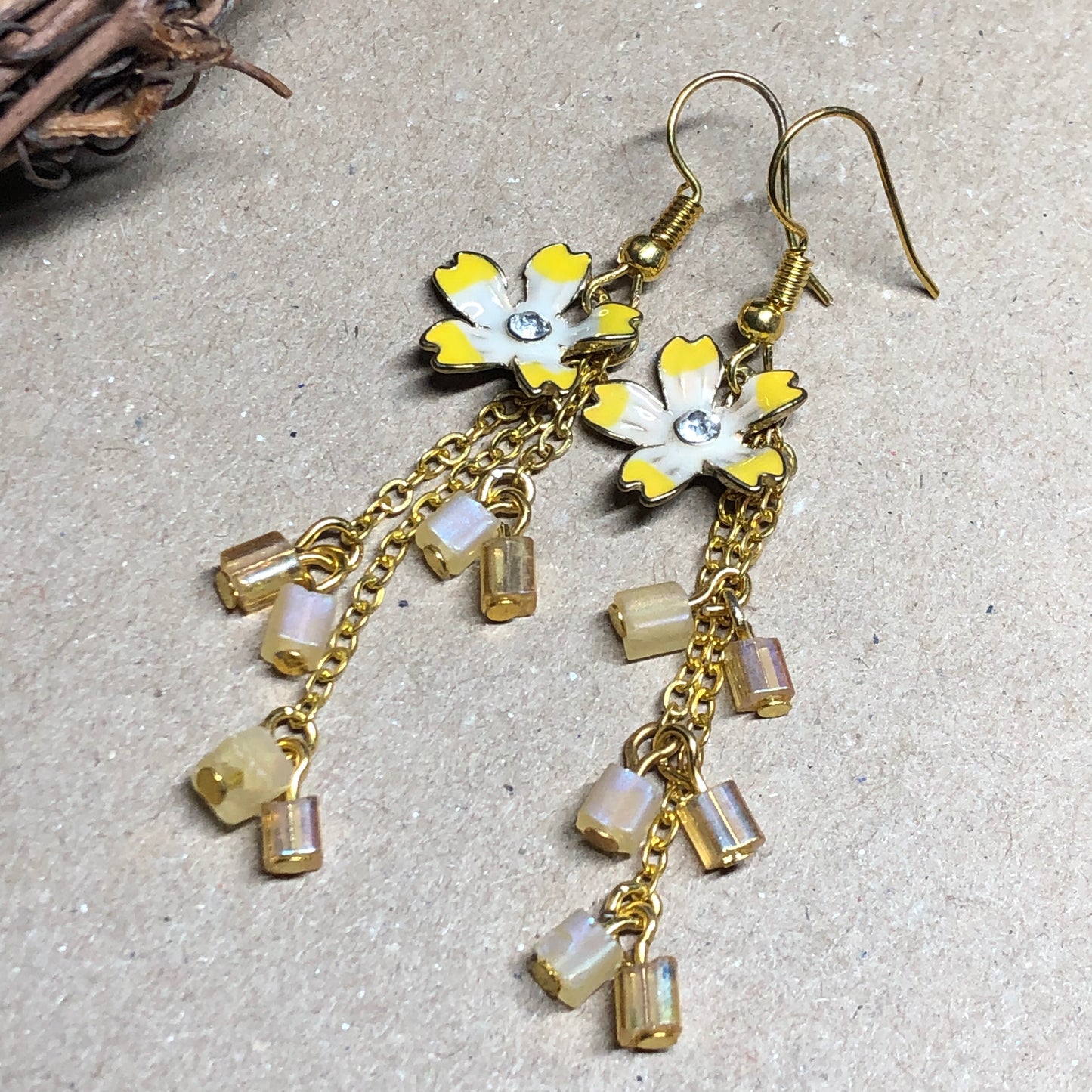 Yellow flower crystal cube dangle earrings