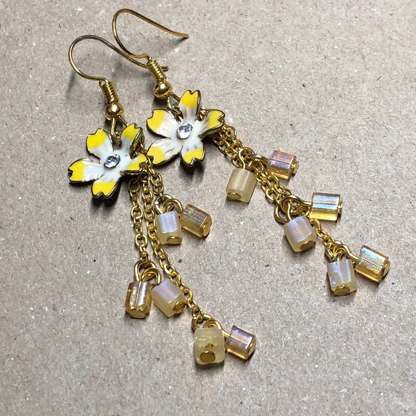 Yellow flower crystal cube dangle earrings