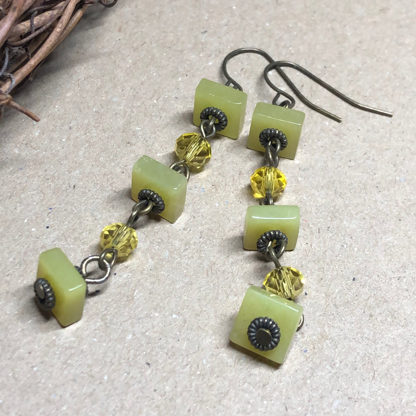 Yellow Jade square crystal earrings