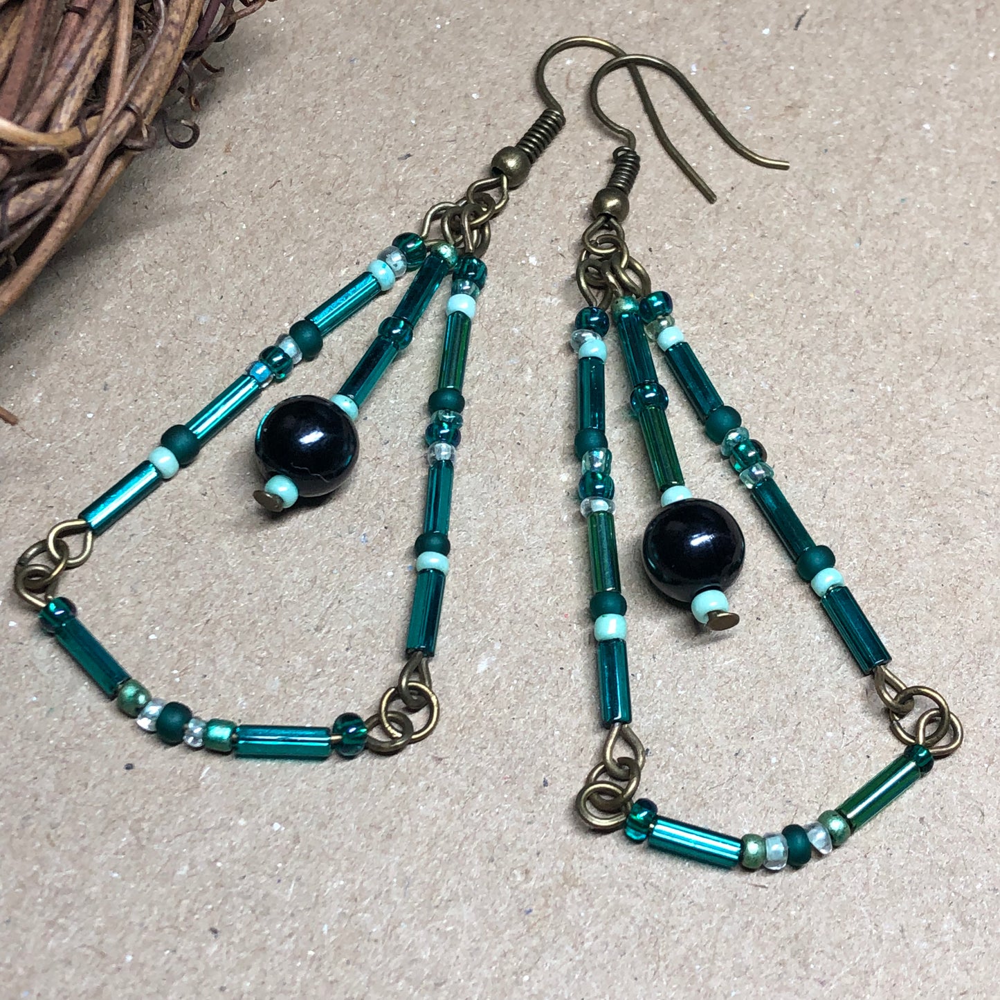 Long teal glass chandelier earrings