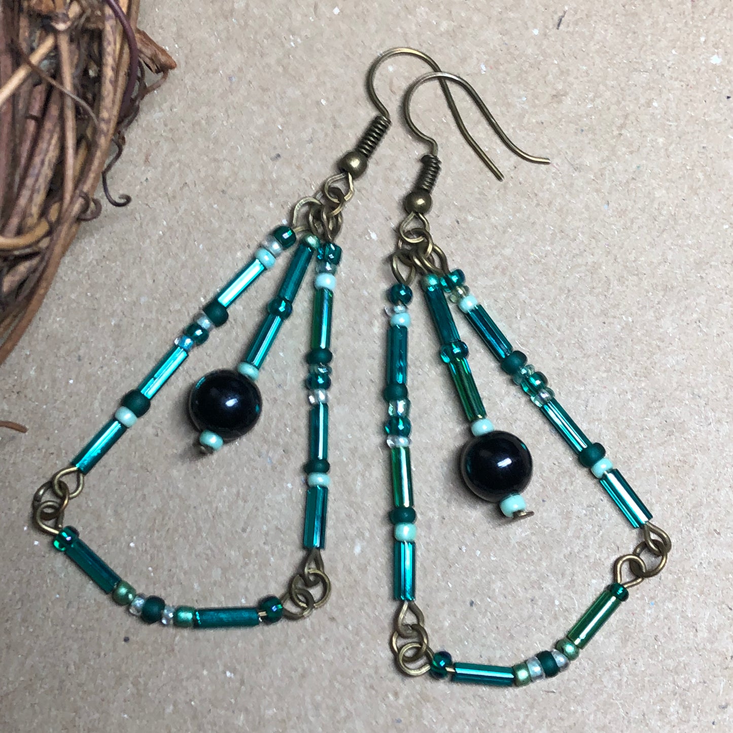 Long teal glass chandelier earrings