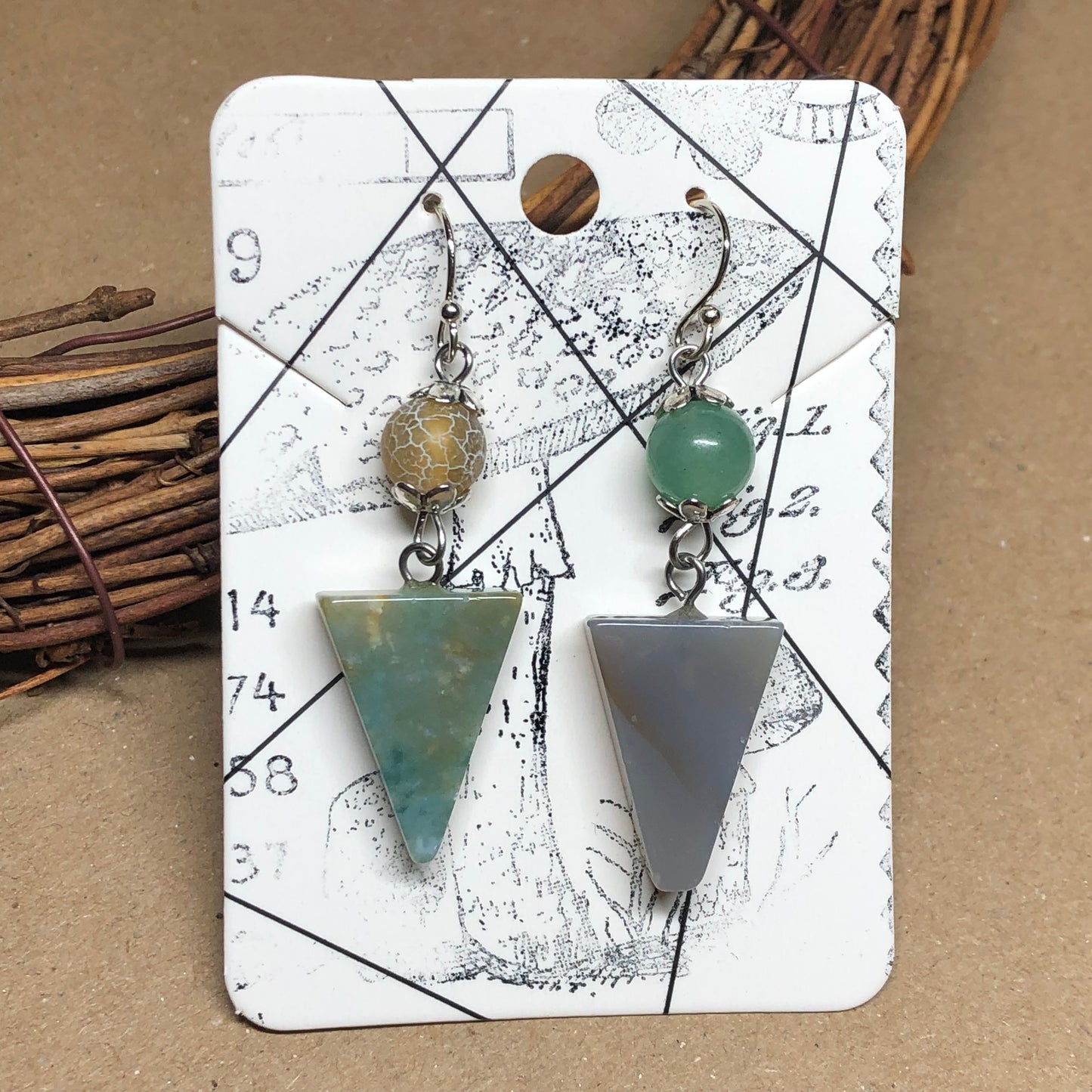 Mismatched triangle gemstone earrings - Agate, Quartz and Amazonite