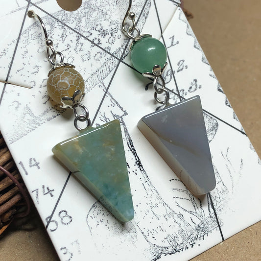 Mismatched triangle gemstone earrings - Agate, Quartz and Amazonite