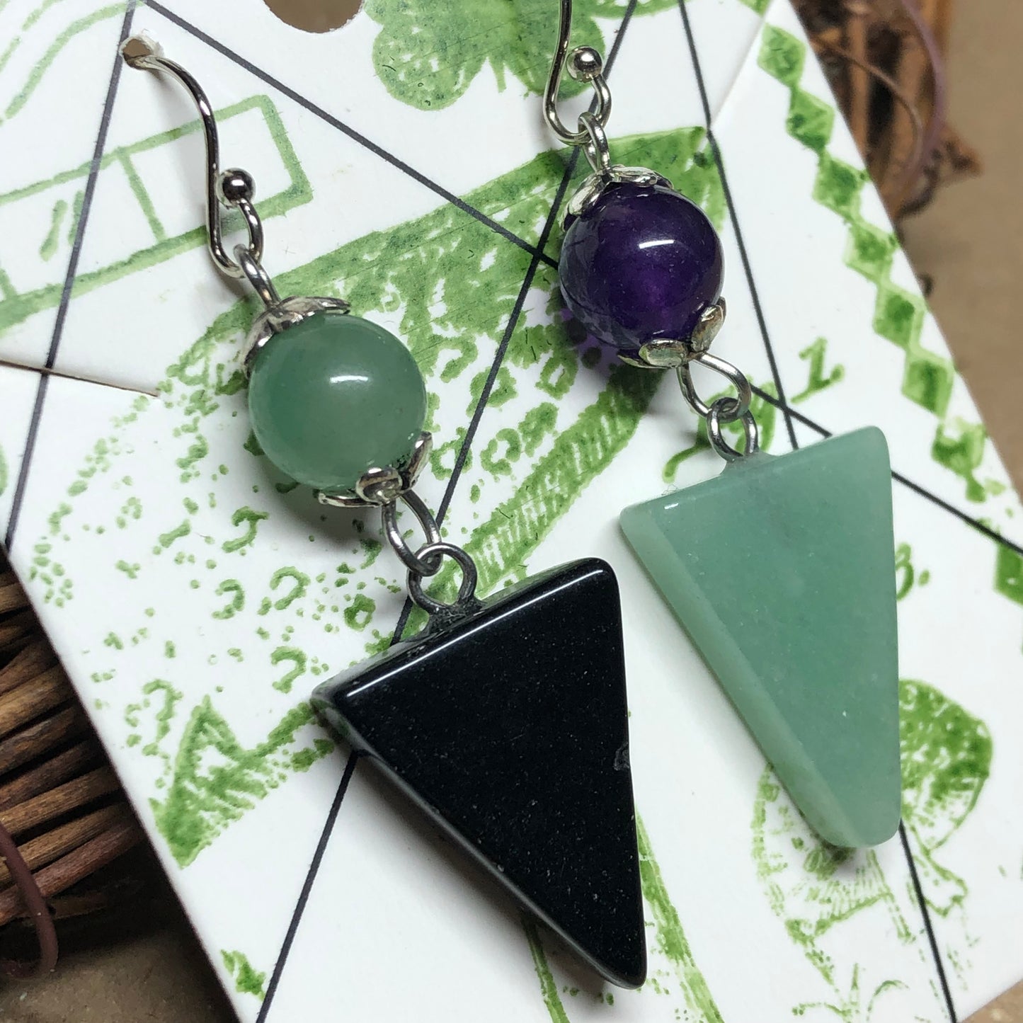 Mismatched triangle gemstone earrings - Amazonite, Agate and Onyx