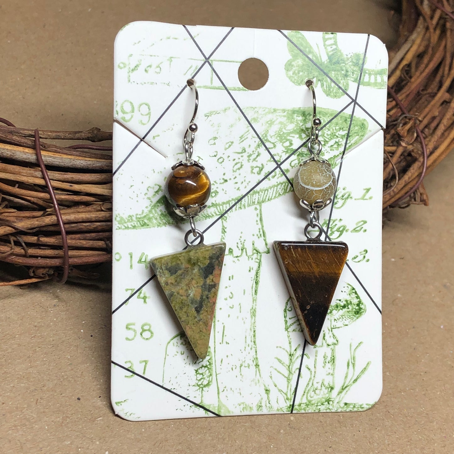 Mismatched triangle gemstone earrings - Agate, Unakite and Tigers Eye