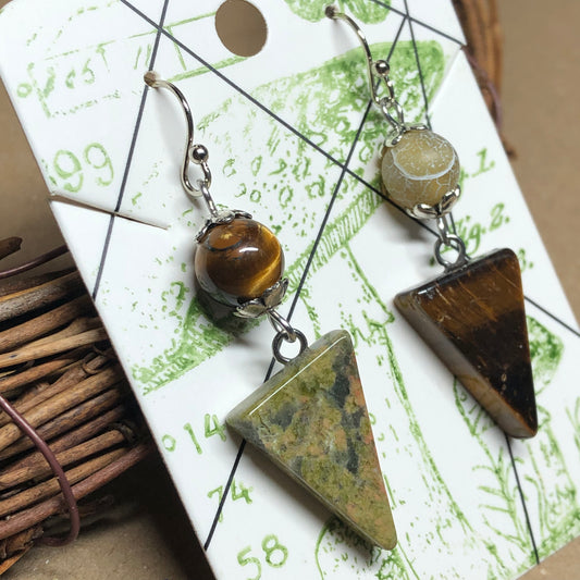 Mismatched triangle gemstone earrings - Agate, Unakite and Tigers Eye