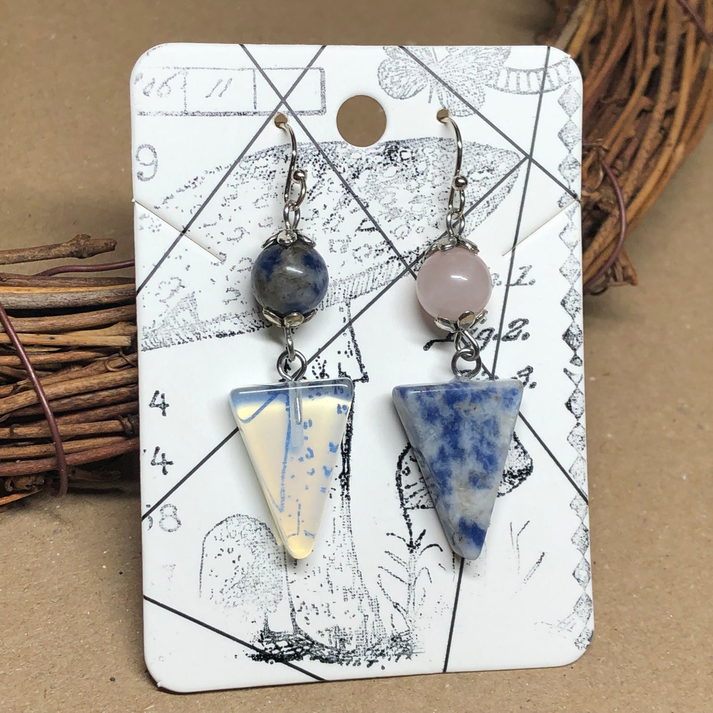 Mismatched triangle gemstone earrings - Sodalite, Opalite and Rose Quartz